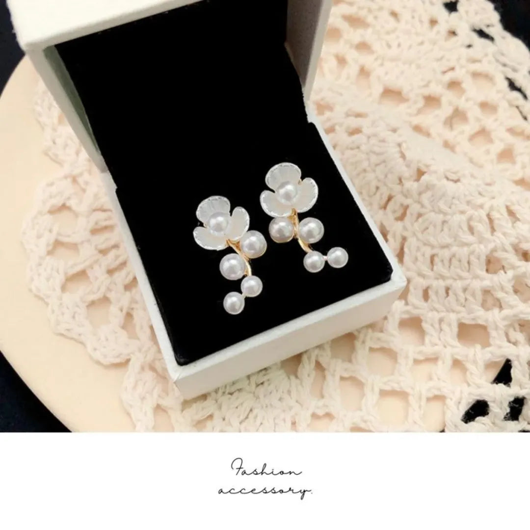 Pearl Blossom Drop Stud Earrings