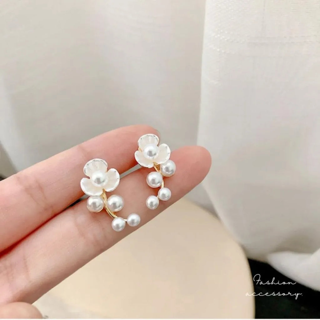 Pearl Blossom Drop Stud Earrings
