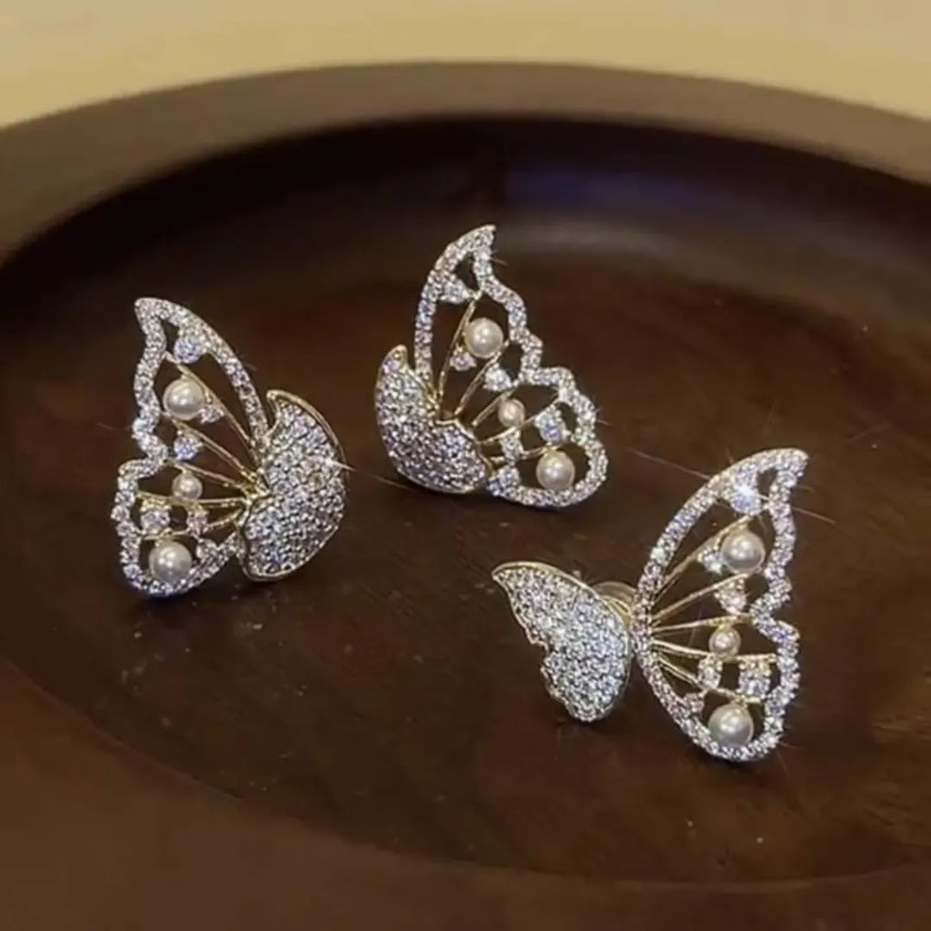 Crystal Pearl Butterfly Stud Earrings