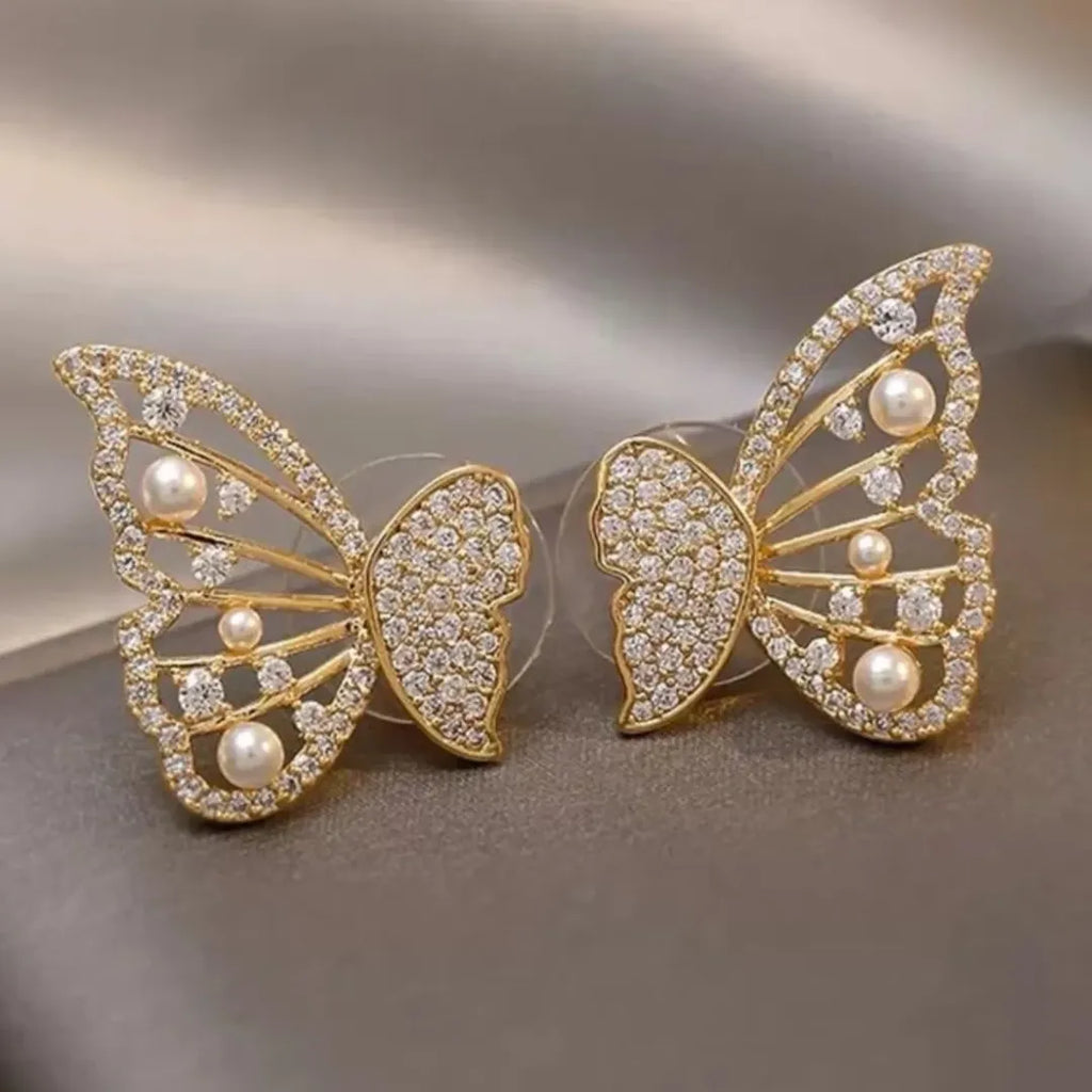 Crystal Pearl Butterfly Stud Earrings